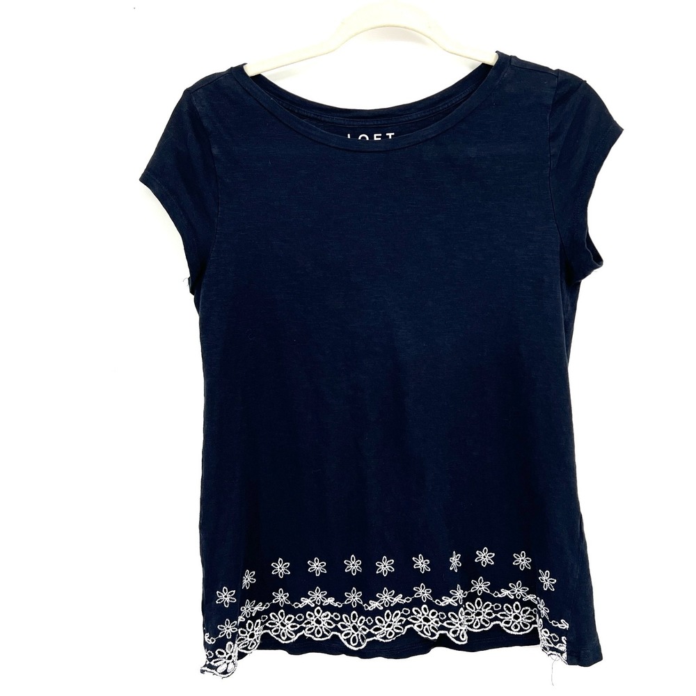LOFT navy blue embroidered t-shirt top coastal boho classic S